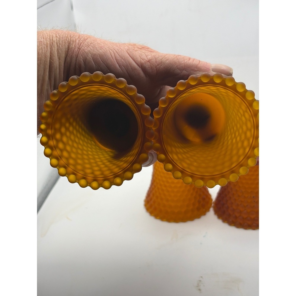 Vintage Satin Amber Cadmium Hobnail Glass Peg Candle VotiveSet of 4 UV‎ Glow 2nd - Picture 6 of 8
